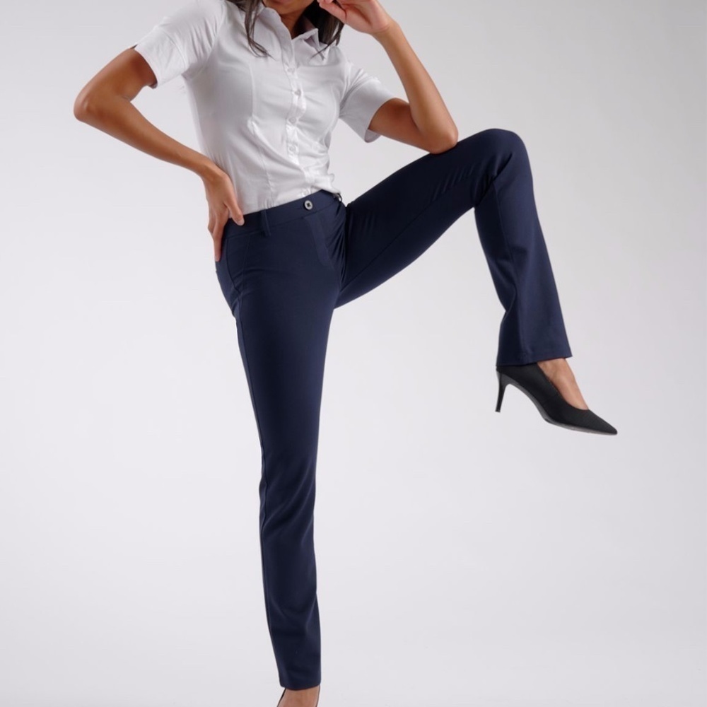 Betabrand Yoga Pants Womens Petites Size S Navy Blue Straight Slim Fit Stretch